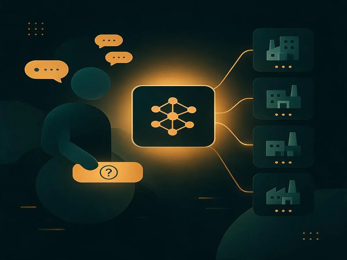 示意图:买家向 AI 提问寻找供应商,AI 回答中列出几家候选工厂